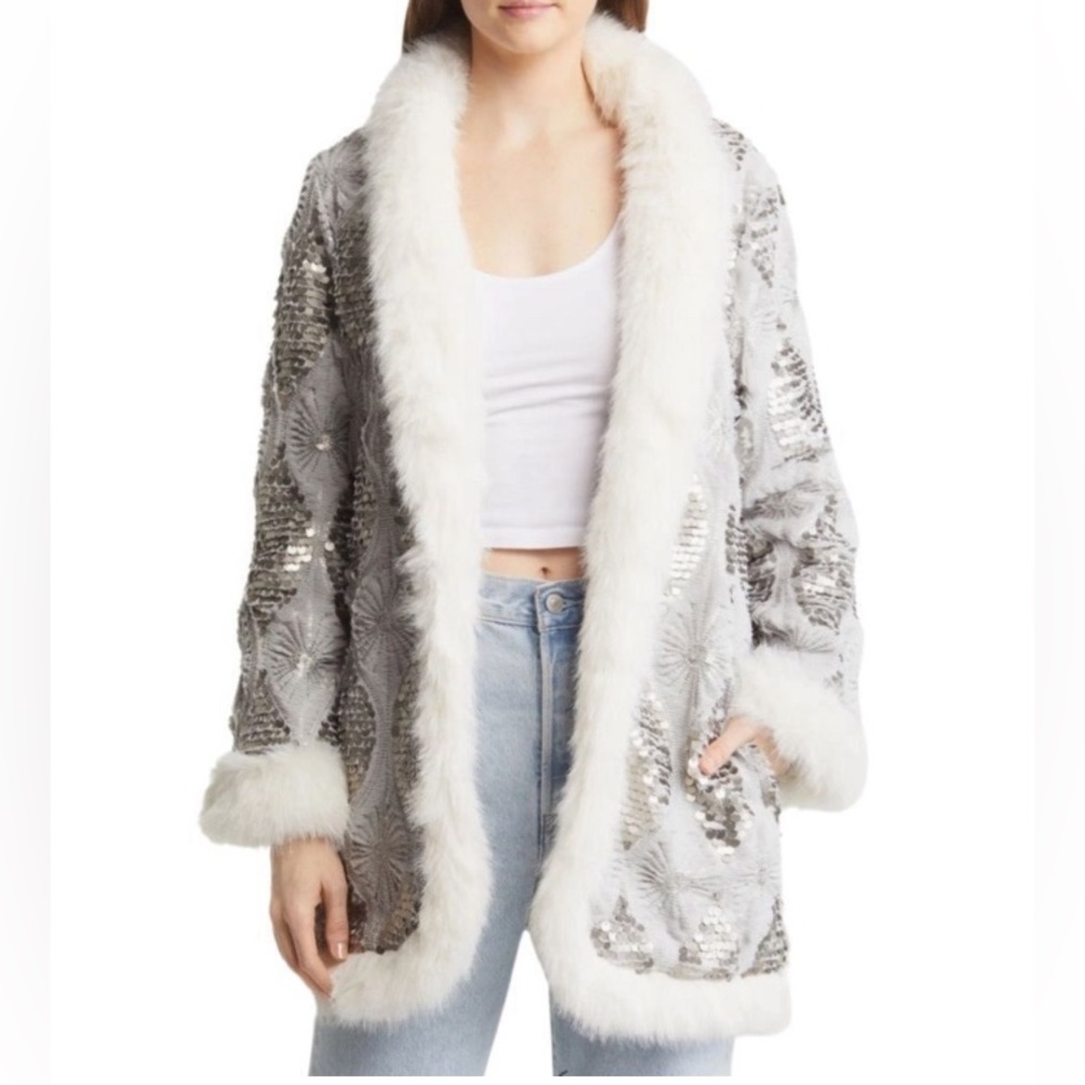Band Of The Free Boho Chic Faux Fur Trim Sequin Jacket NWT